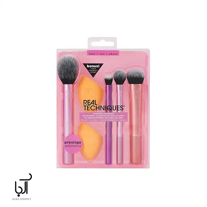 ست ۶ تکه براش آرایشی ریل تکنیک همراه با دو عدد پد، مناسب آرایش کامل صورت